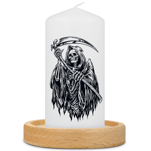Personalisierte Grim-Reaper Halloween-Kerze mit Kerzenteller