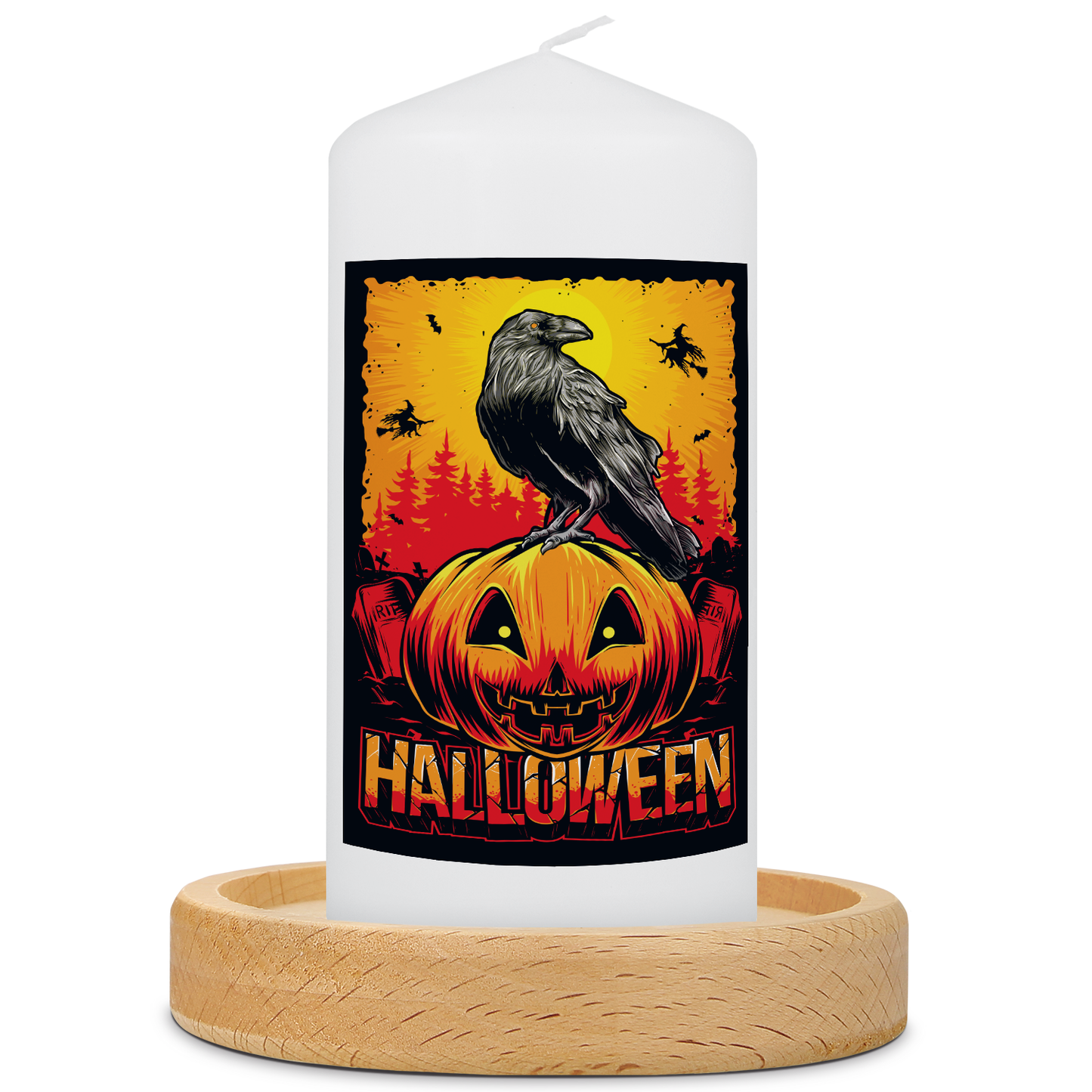 Halloween-Kerze Rabe und Kürbis mit Kerzenteller
