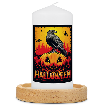 Halloween-Kerze Rabe und Kürbis mit Kerzenteller