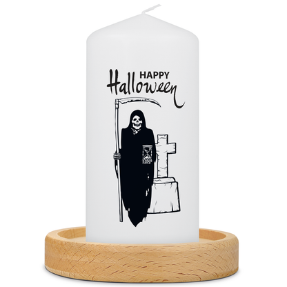 Personalisierte Halloween-Kerze mit Sensenmann-Motiv und Name