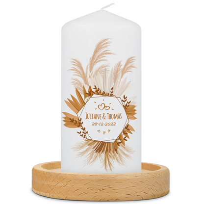 Personalisierte kleine Hochzeitskerze „Tropical Pampasgras“ – Hauptansicht