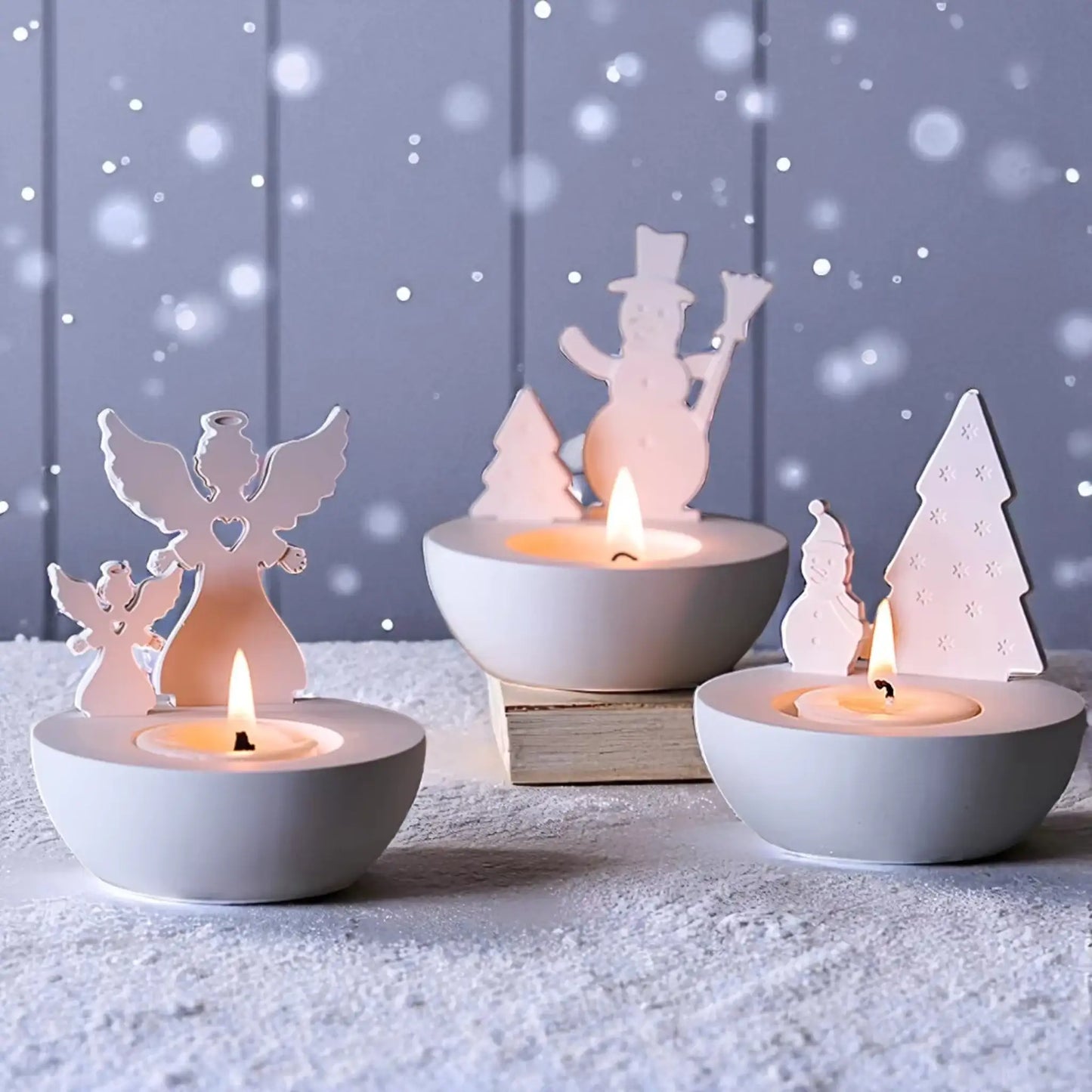 Weihnachtliches Teelichthalter-Set mit Engel, Schneemann & Tannenbaum - by SteinKunstWerk | Deko aus nachhaltiger Herstellung