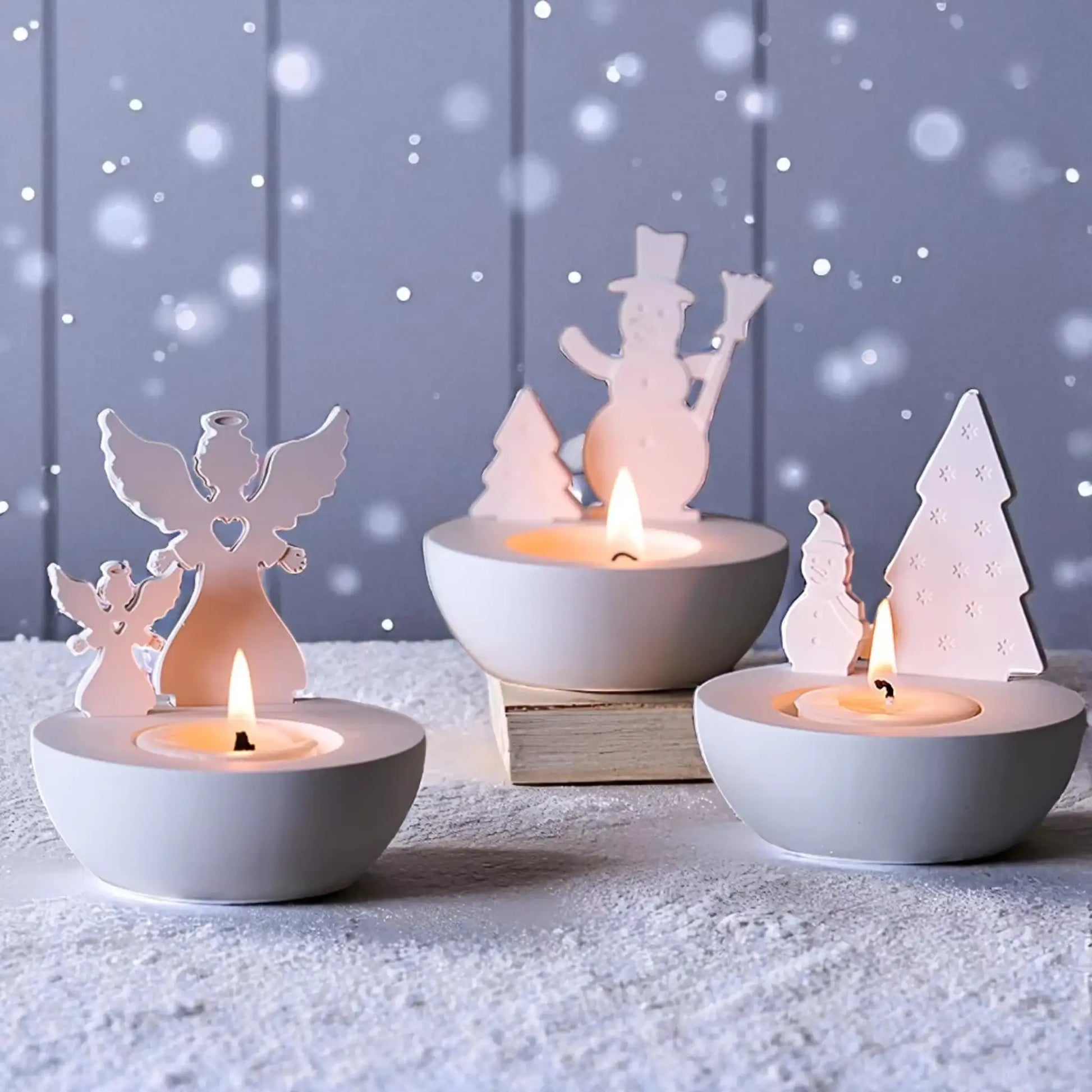 Weihnachtliches Teelichthalter-Set mit Engel, Schneemann & Tannenbaum - by SteinKunstWerk | Deko aus nachhaltiger Herstellung