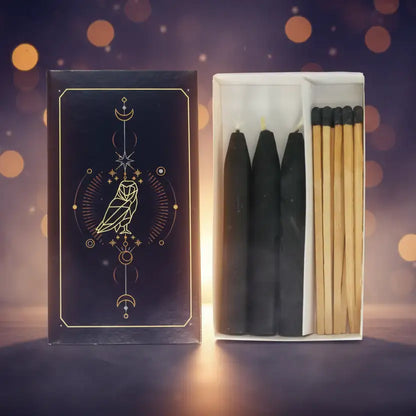 Ritual-Set „Die Eule – Hüterin der Geheimnisse“ – Schwarze Kerzen & lange Streichhölzer