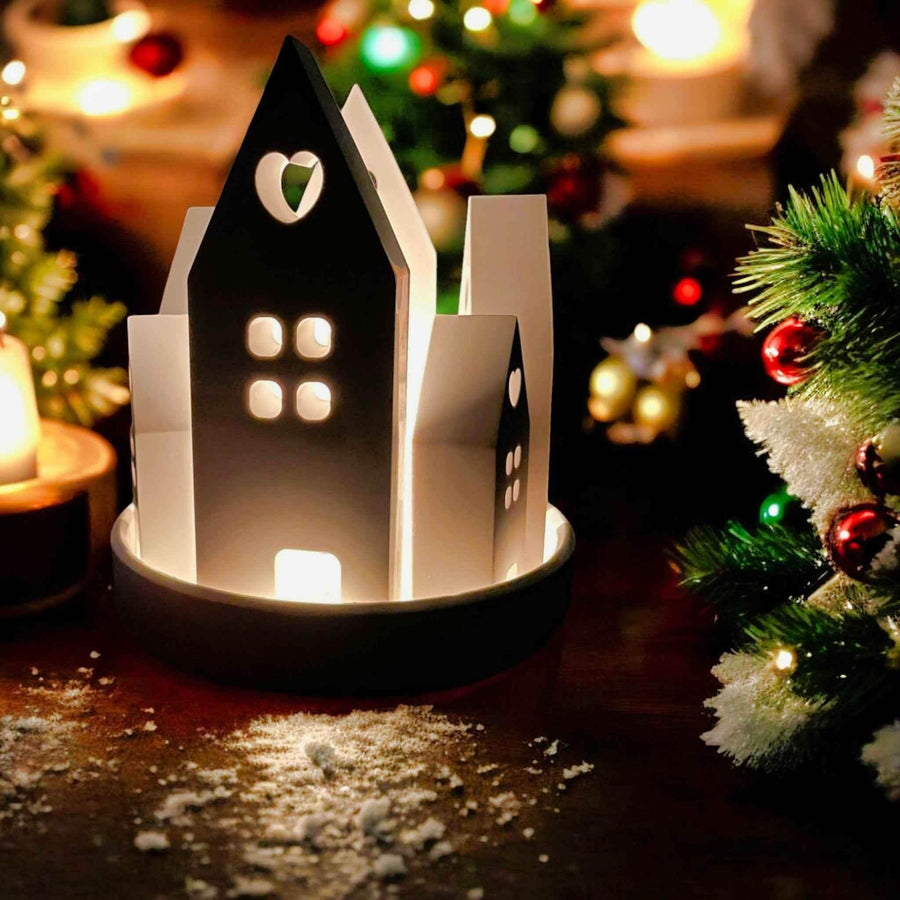 Set aus handgefertigten Aufsteckhäusern & Kerzenring – Exklusive Weihnachtsdeko - by SteinKunstWerk | HE aus nachhaltiger Herstellung