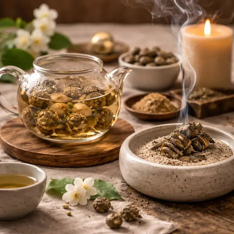 SteinKunstWerk Black Jasmine Pearls – hochwertige, handgerollte Jasmintee-Perlen im Aufguss, klar dargestellt mit sichtbarer Blattstruktur und ruhiger Präsentation