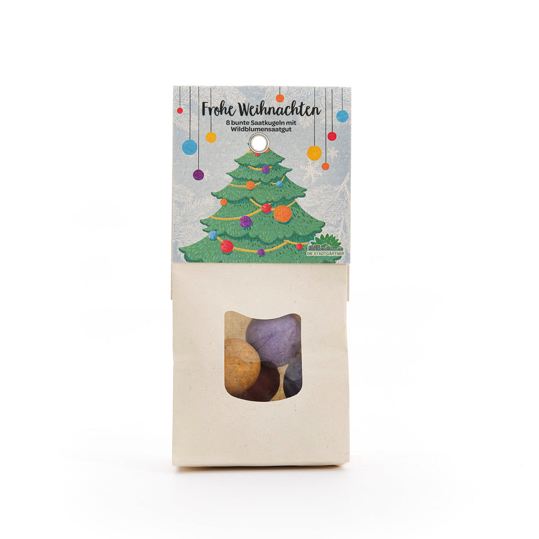Bunte Blumenmurmeln Frohe Weihnachten mit Saatgut für Wildblumen