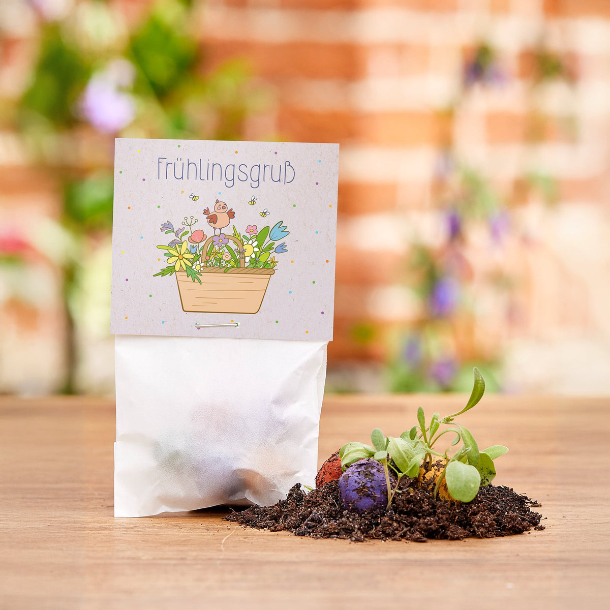 10 Frühlingsgrüße mit je 5 Wildblumen-Saatkugeln – Produktansicht