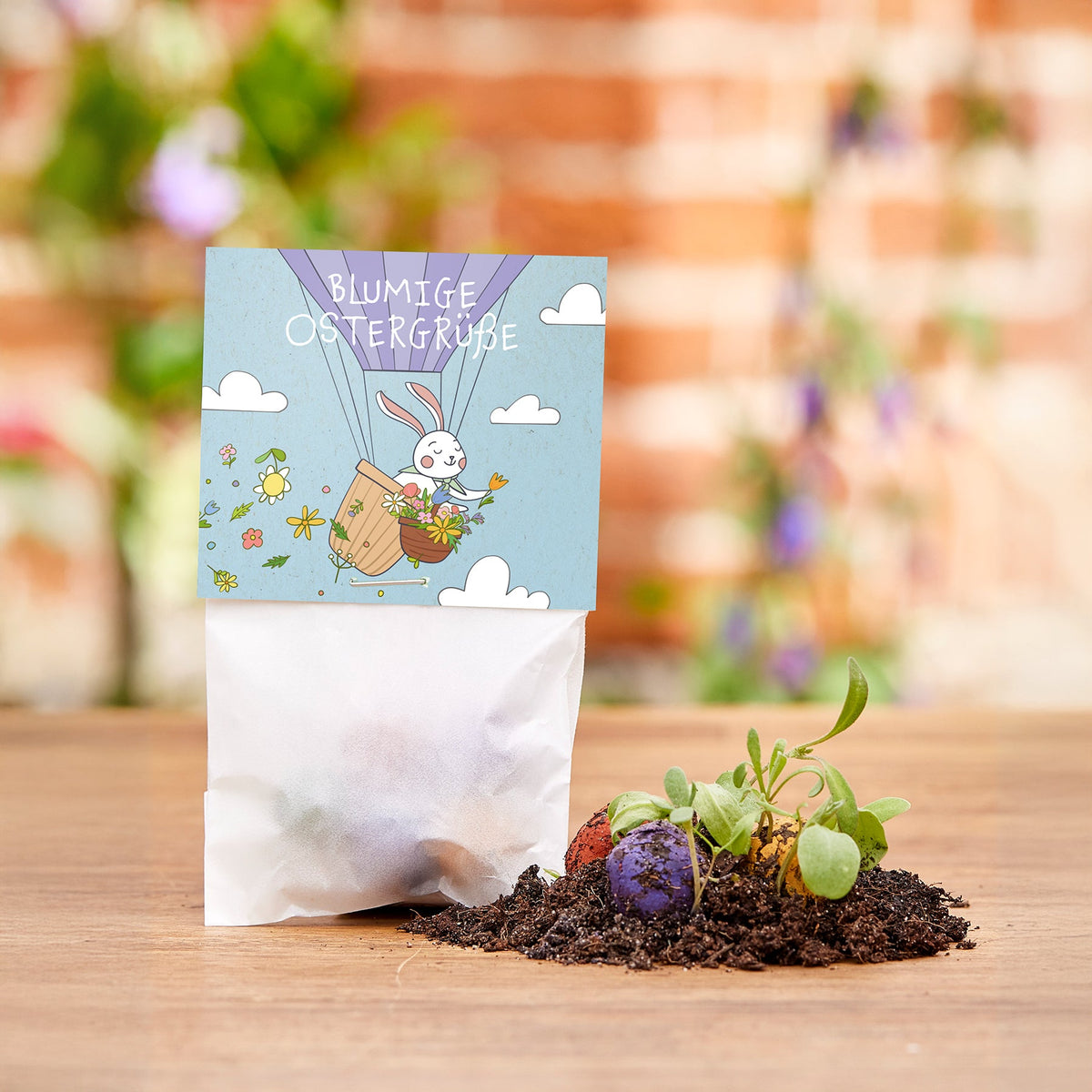 Blumige Ostergrüße – 10 Tütchen mit 50 Saatkugeln – Produktansicht