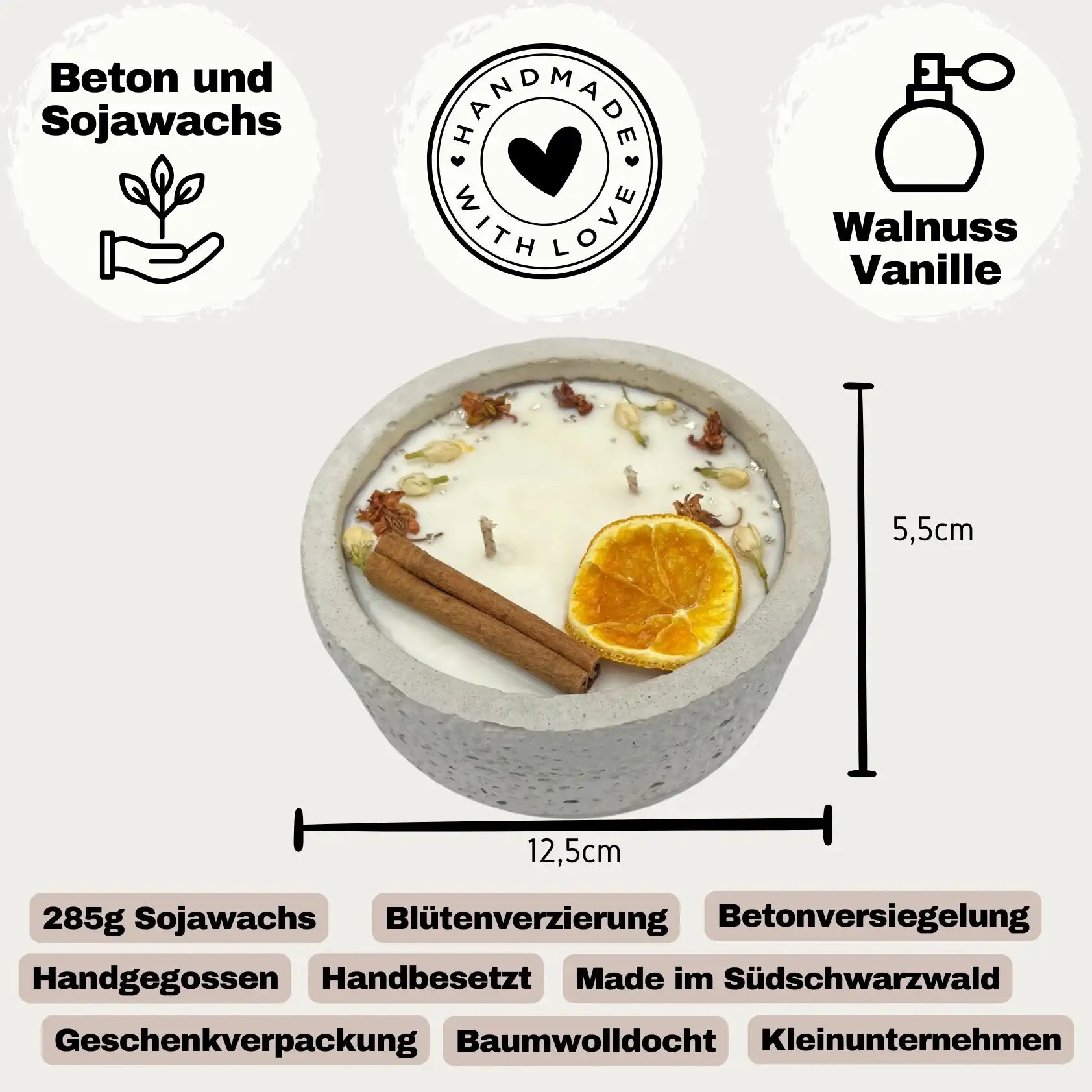 Handgemachte Betonkerze „Grey Hearts“ – Duft Walnuss Vanille, 1 Baumwolldocht, ca. 1,0 kg, 40–60h Brenndauer - by SteinKunstWerk | Outdoor aus nachhaltiger Herstellung