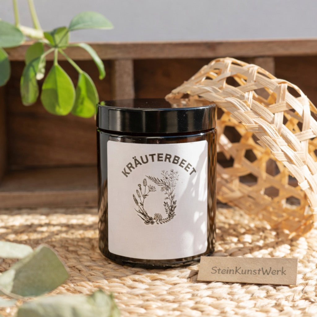 Duftkerze Kräuterbeet im Glas mit natürlichem Sojawachs – warme Lichtstimmung, ruhige Wohnatmosphäre und stilvolle Dekoration von SteinKunstWerk