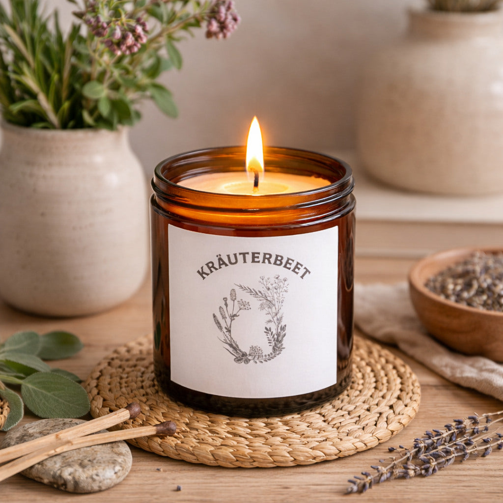 Duftkerze Kräuterbeet im Glas mit natürlichem Sojawachs – warme Lichtstimmung, ruhige Wohnatmosphäre und stilvolle Dekoration von SteinKunstWerk