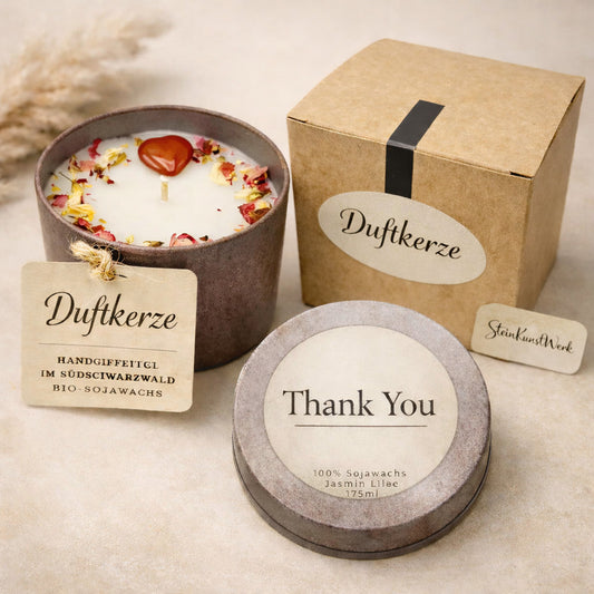 Handgefertigte Duftkerze „Thank You“ aus Sojawachs in hochwertiger Geschenkbox – stilvolles Dankeschön-Geschenk von SteinKunstWerk.