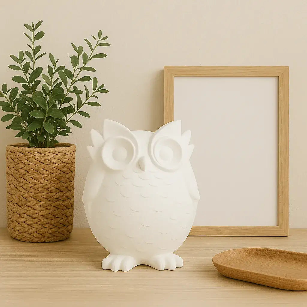 Handgefertigte Eulenfigur „Nichts Böses hören“ für Regal und Sideboard