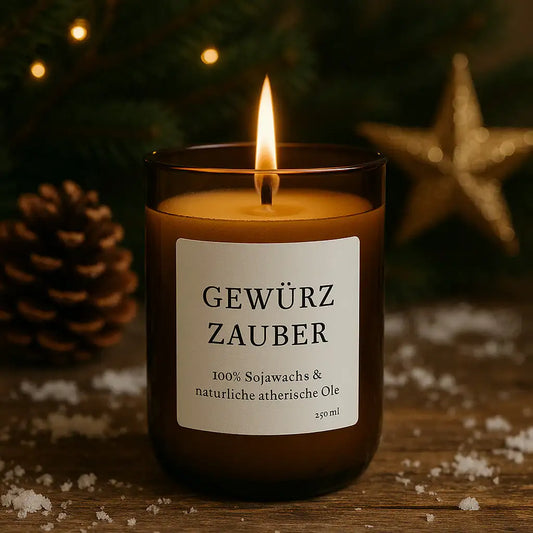 Gewürzzauber Duftkerze – Nachhaltige Wärme & winterliche Magie - by SteinKunstWerk | Kerze aus alter Weinflasche aus nachhaltiger Herstellung