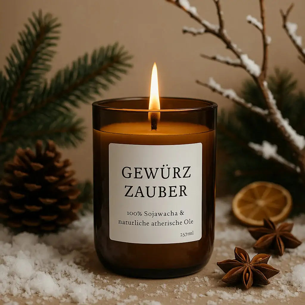 Gewürzzauber Duftkerze – Nachhaltige Wärme & winterliche Magie - by SteinKunstWerk | Kerze aus alter Weinflasche aus nachhaltiger Herstellung