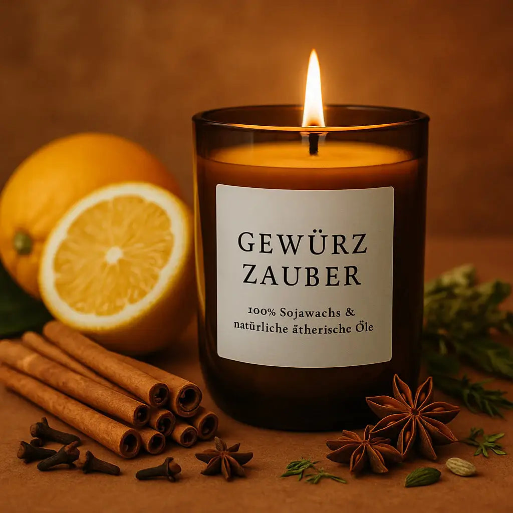 Gewürzzauber Duftkerze – Nachhaltige Wärme & winterliche Magie - by SteinKunstWerk | Kerze aus alter Weinflasche aus nachhaltiger Herstellung
