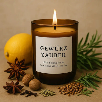 Gewürzzauber Duftkerze – Nachhaltige Wärme & winterliche Magie - by SteinKunstWerk | Kerze aus alter Weinflasche aus nachhaltiger Herstellung