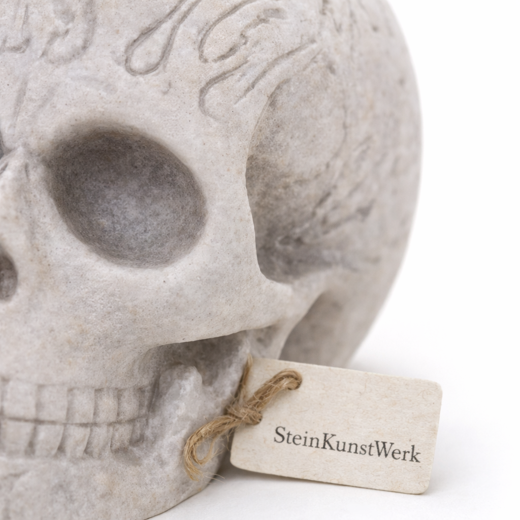 Totenkopf Dekofigur im Gothic Stil, detailreich und handgefertigt, für Ritual, Meditation und moderne Raumgestaltung – SteinKunstWerk