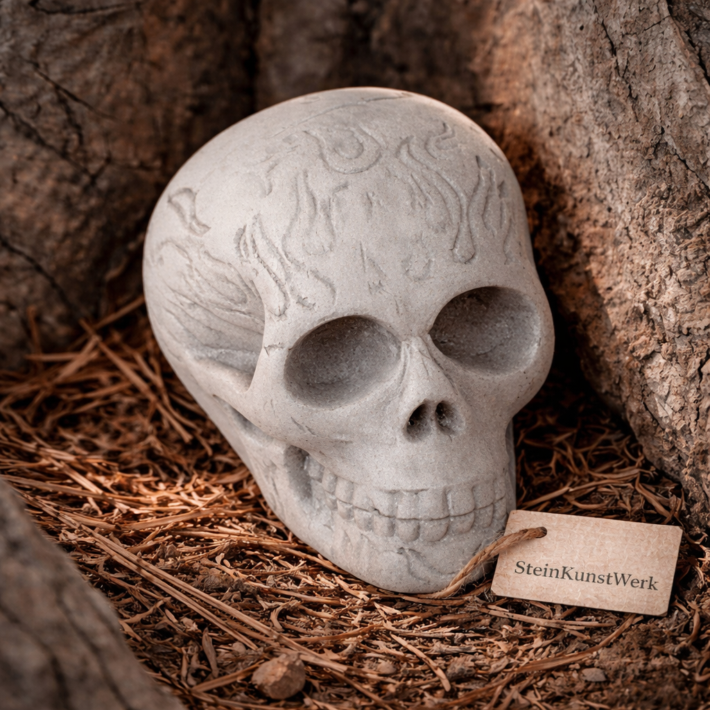 Totenkopf Dekofigur im Gothic Stil, detailreich und handgefertigt, für Ritual, Meditation und moderne Raumgestaltung – SteinKunstWerk