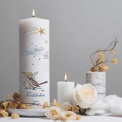 Personalisierte Weihnachtskerze „Engel & Schwalbe“ – Wunschtext
