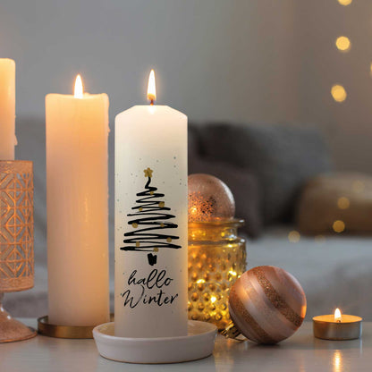 Weihnachtskerze „Hallo Winter“ als winterliche Dekoidee für Advent und Weihnachten