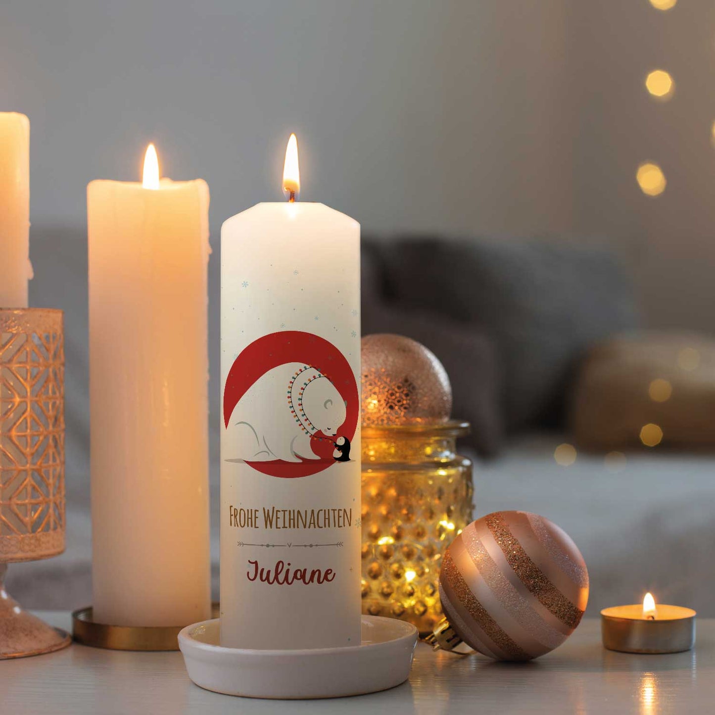 Personalisierte Weihnachtskerze „Eisbär & Pinguin“ – 25 cm