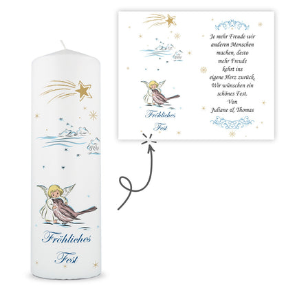 Personalisierte Weihnachtskerze „Engel & Schwalbe“ – Wunschtext