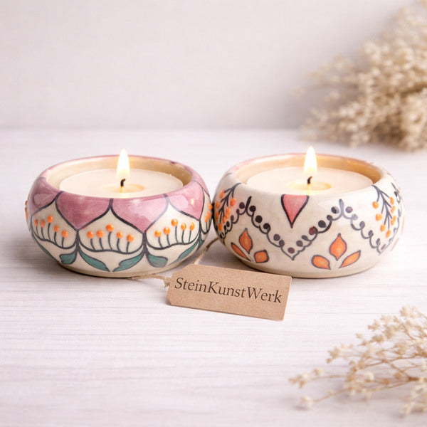 Teelichthalter Keramik handbemalt  warme Licht Atmosphäre SteinKunstWerk