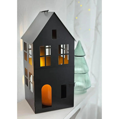 3er-Set Laternen in Hausform aus schwarzem Metall für Advent und Weihnachten