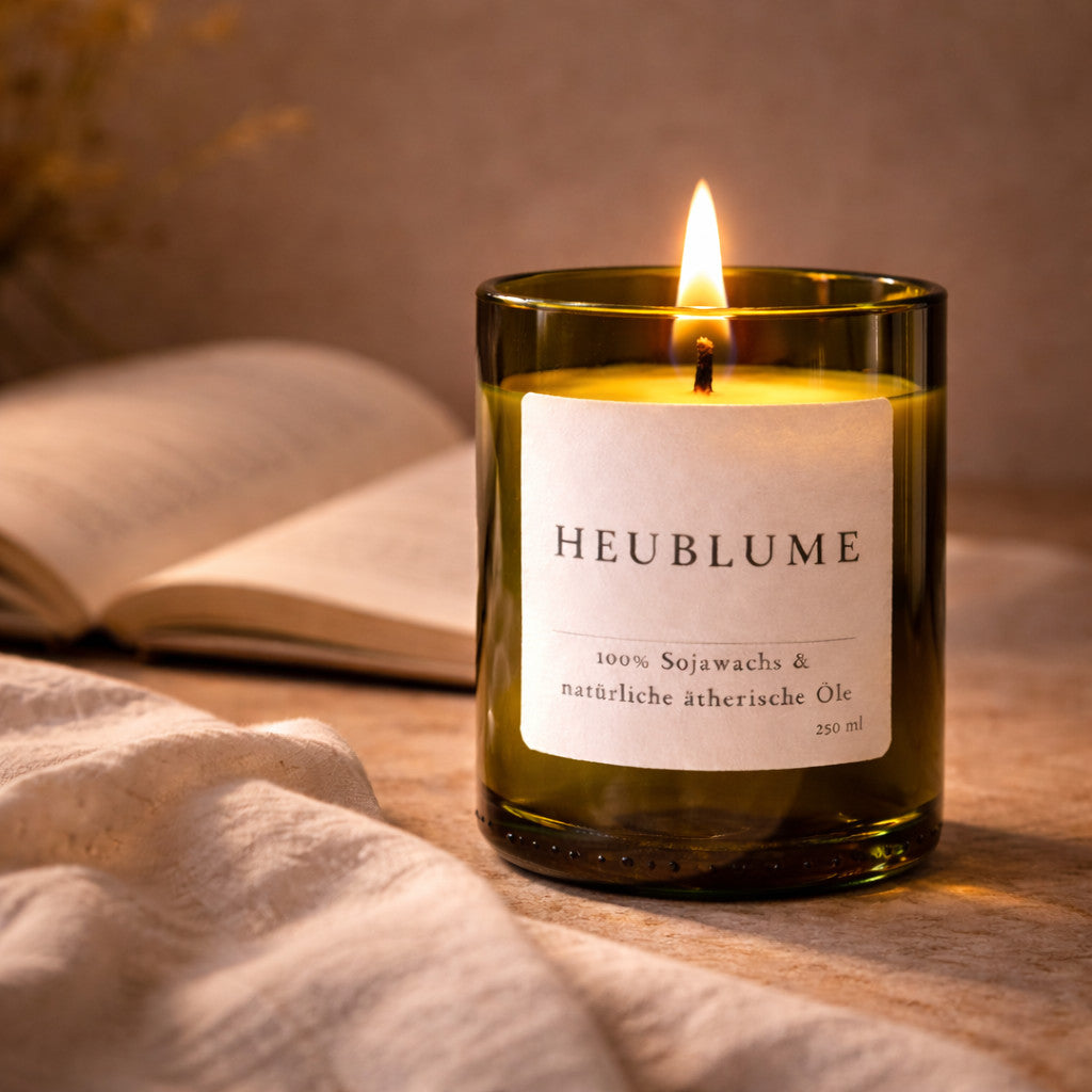 Heublume Duftkerze als ruhiges Ritual-Element bei Abendlicht