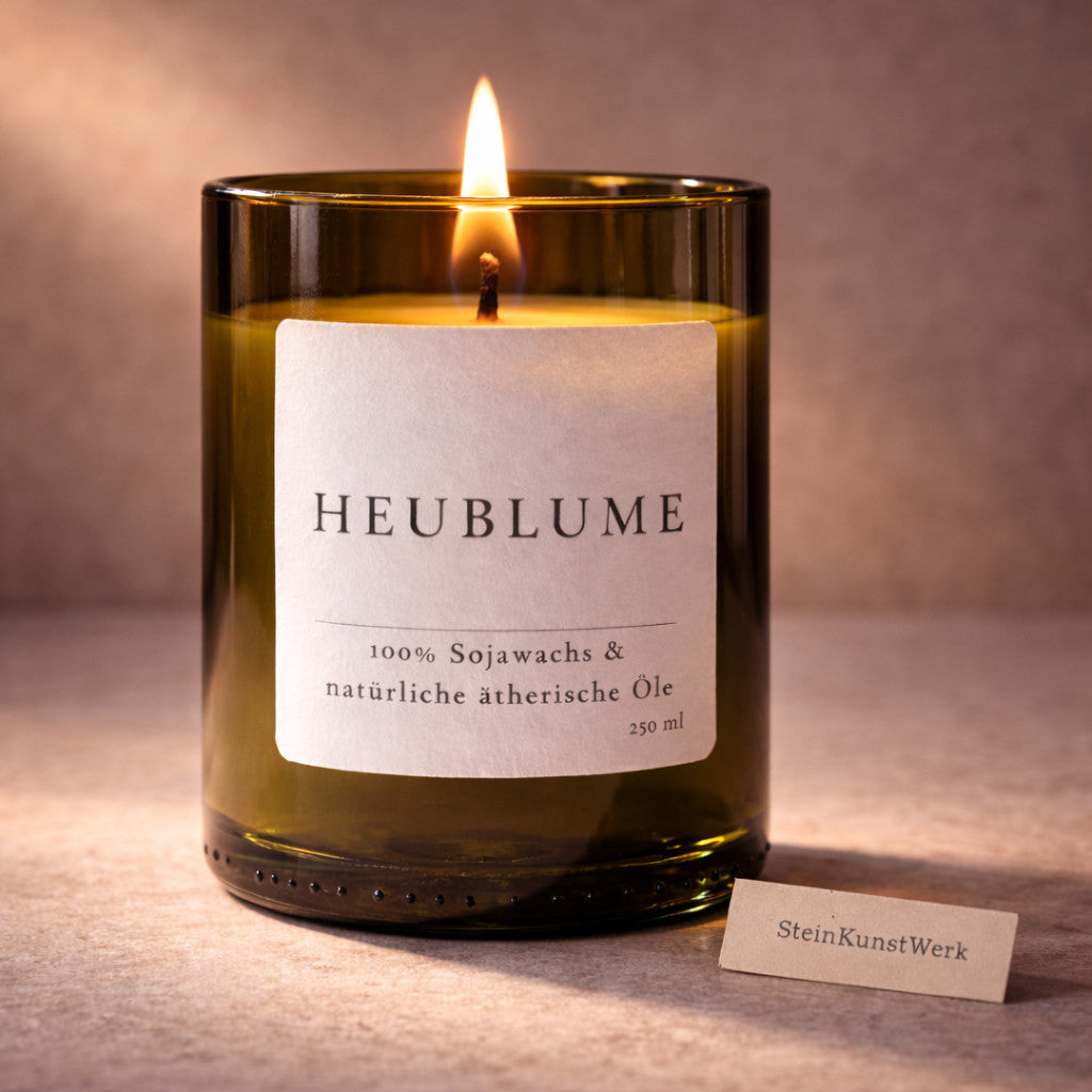 Heublume Duftkerze als ruhiges Ritual-Element bei Abendlicht