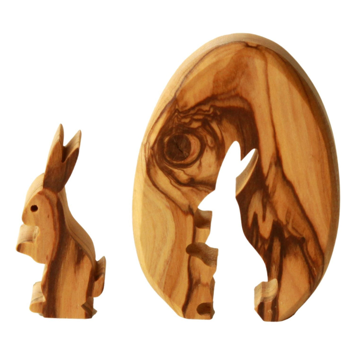 Lapin de Pâques dans un œuf en bois d’olivier – deux pièces
