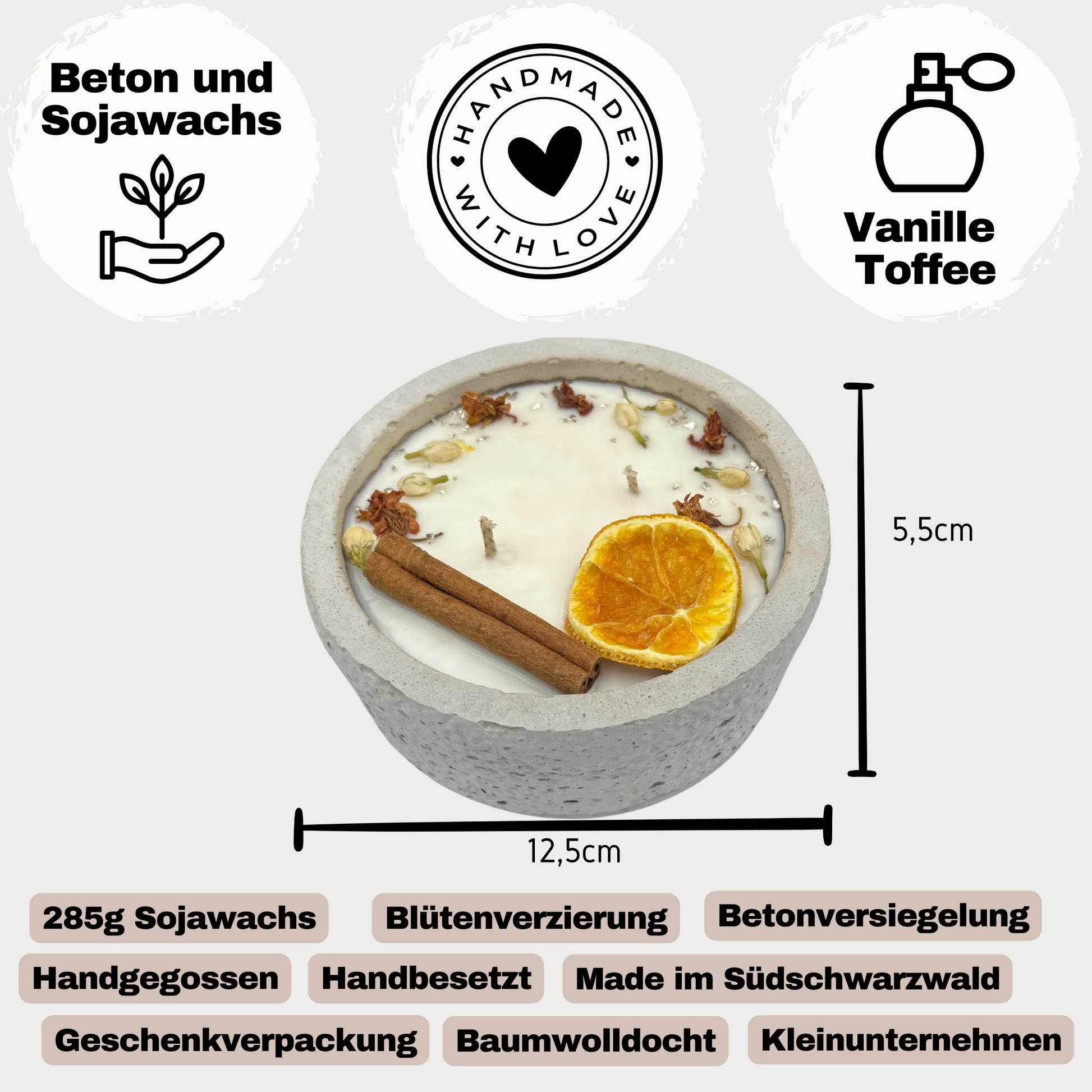 Graue handgegossene Beton-Duftkerze Grey Cinnamon als ruhiger Wohnakzent