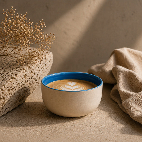 Handgefertigte KUMO Cappuccino Tasse in Blau mit minimalistischer Keramikoptik und Latte Art für stilvolle Coffee Rituals