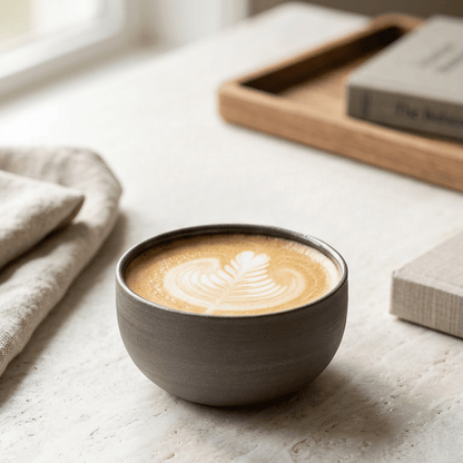 Grau-schwarze KUMO Keramiktasse für Flat White