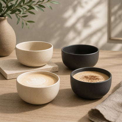 KUMO Modern Contrast Set mit Cappuccino Tassen in Beige und Grau-Schwarz auf einer minimalistischen Coffee Corner aus hellem Holz bei warmem Tageslicht