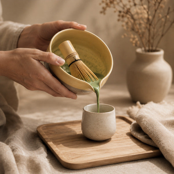 Frau bereitet Matcha mit handgefertigter Matcha Chawan gelb im Japandi Stil zu
