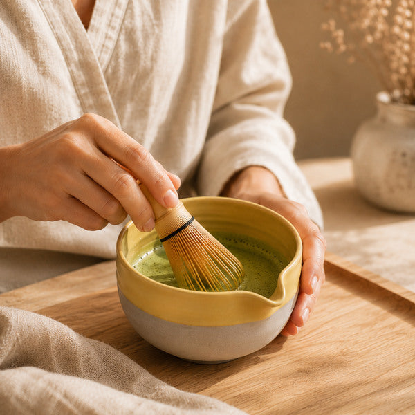 Frau bereitet Matcha mit handgefertigter Matcha Chawan gelb im Japandi Stil zu