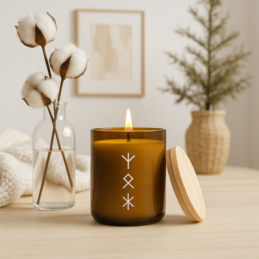 Amberfarbene Duftkerzen mit dezenten Runensymbolen in einem warmen, nordisch inspirierten Deko-Setting – handgemachte Qualitätskerzen für Ritual, Achtsamkeit und Wohnambiente.