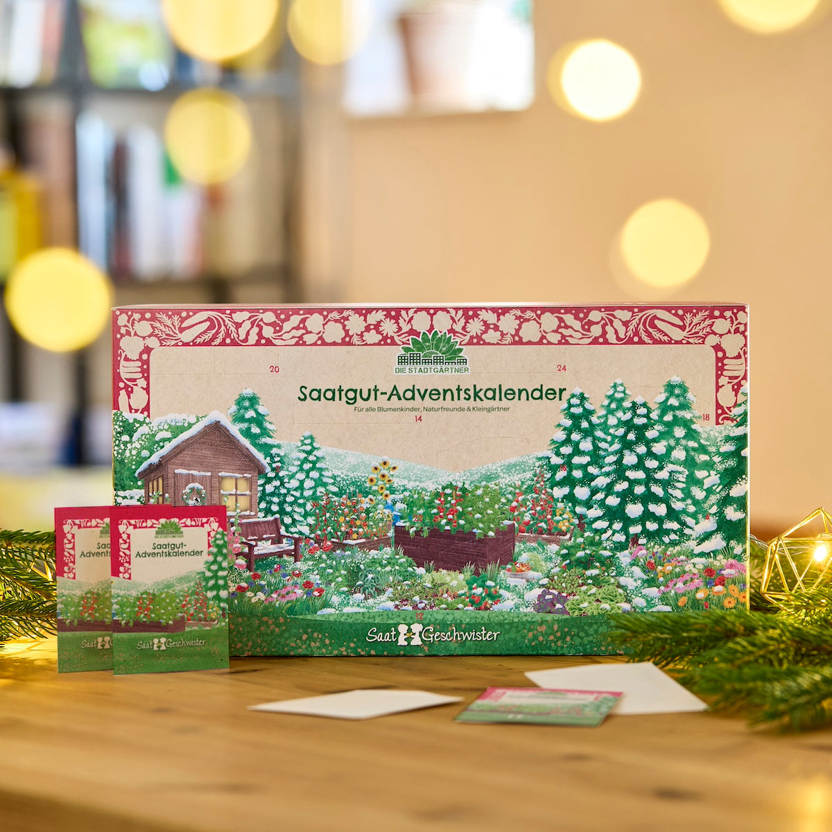 Saatgut-Adventskalender mit 24 Sorten für Gartenfreunde in weihnachtlicher Szene