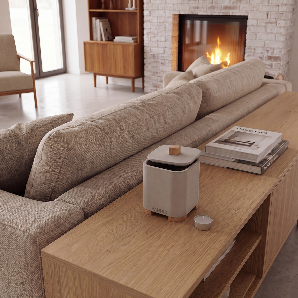 Bannik Design Farsund – Aufbewahrungsgefäß aus Beton mit Eichenholzdeckel in grau, Produktfoto 3