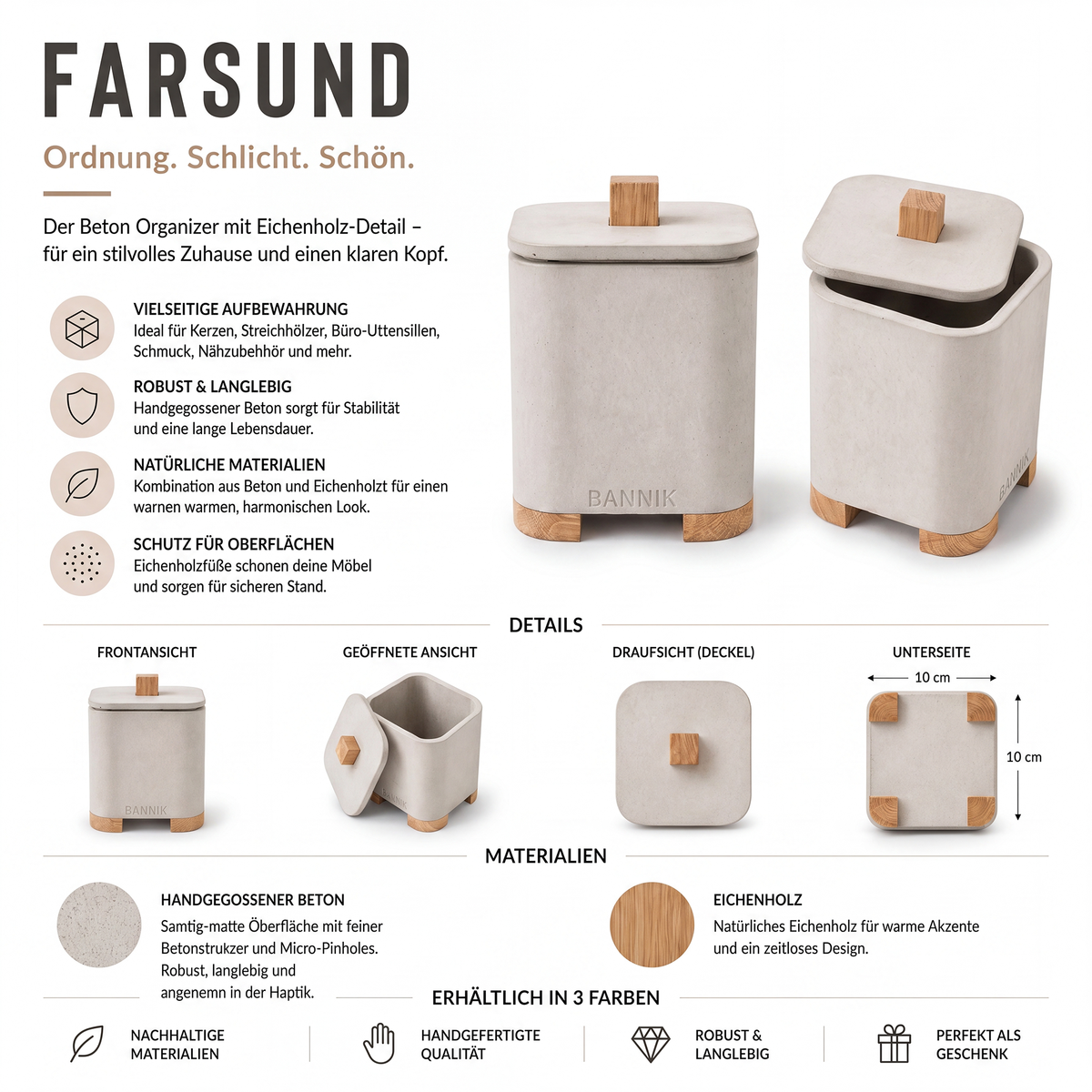 Bannik Design Farsund – Aufbewahrungsgefäß aus Beton mit Eichenholzdeckel, Produktfoto 5