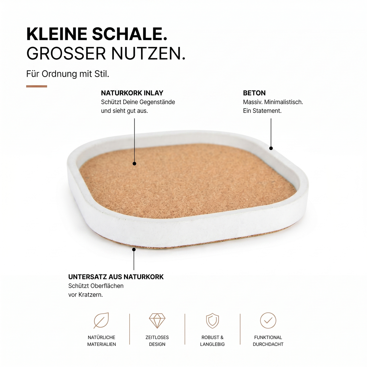 Bannik Design Giske – handgegossene Betonschale mit Korkeinsatz, Produktansicht 2
