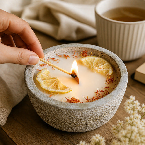 Handgefertigte Citronella Duftkerze in Betonoptik mit Zitronenscheiben – SteinKunstWerk