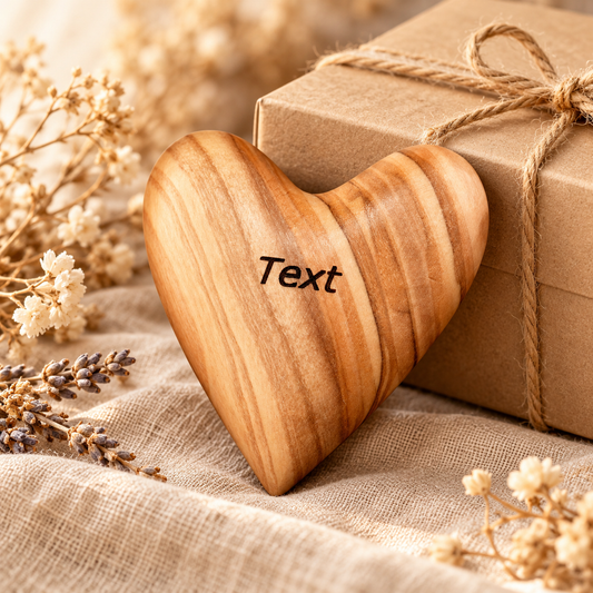 Graviertes Olivenholz-Herz als Geschenkidee neben dekorativer Geschenkbox – beispielhafte Darstellung