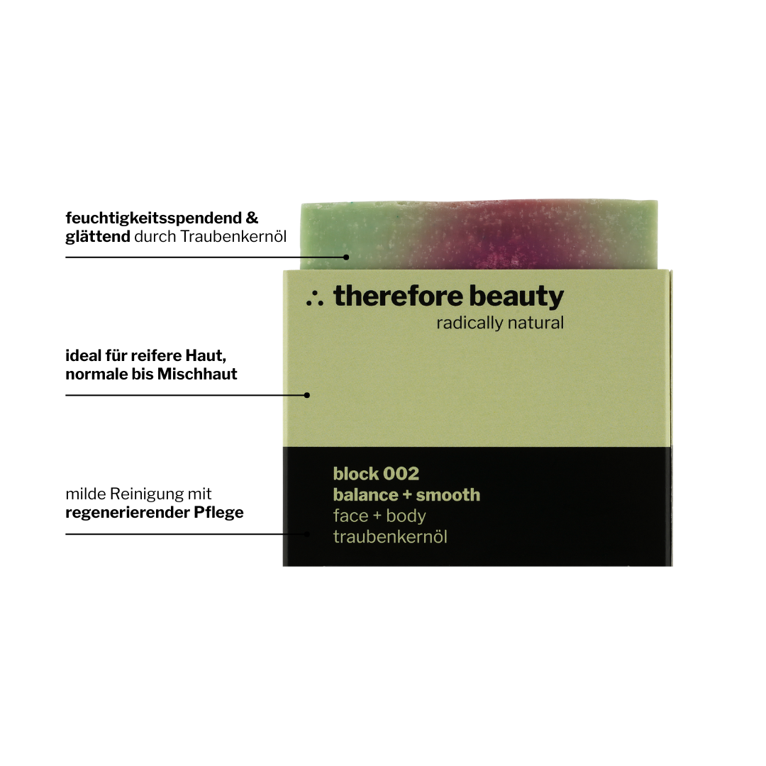 Naturseife block 002 mit Traubenkernöl – Infografik zu Inhaltsstoffen von therefore beauty