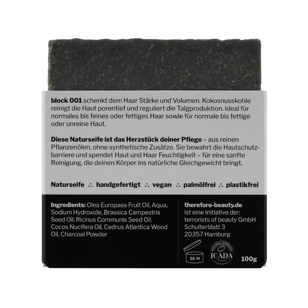 Product image: therefore beauty block 001 – charcoal and cedarwood soap