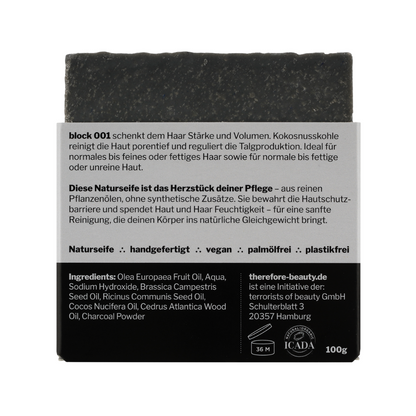 Product image: therefore beauty block 001 – charcoal and cedarwood soap