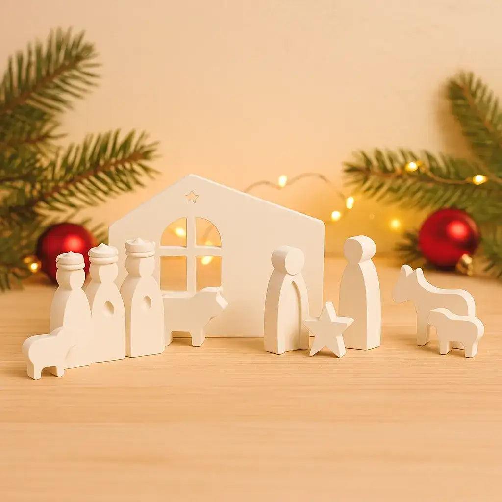 Kleine Weihnachtskrippe – Handgefertigte Figuren & Moderner Krippenstall - by SteinKunstWerk | Deko aus nachhaltiger Herstellung